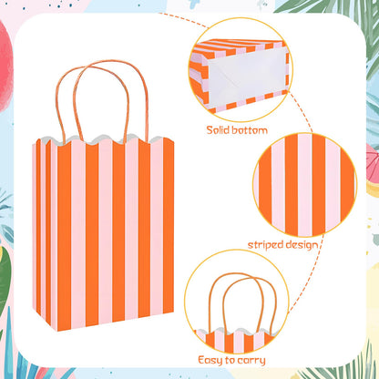 YQUQWN 24Pcs Colorful Stripe Goodie Bags, Scalloped Treat Bags with Handles Summer Gift Bags for Summer Birthday Wedding Party Favors Supplies