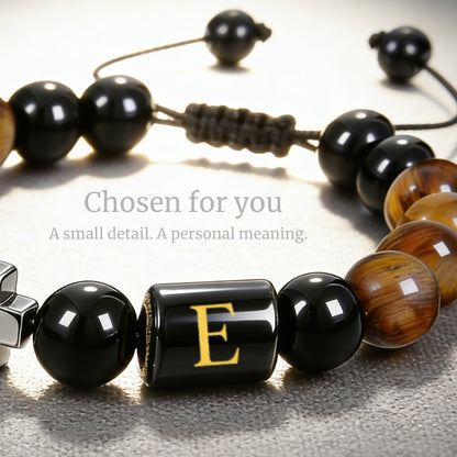 Initial Mens Bracelet with Cross - Religious Faith Beaded Bracelt Gift for Him Man Male Friend, Adjustable Tiger Eye Black Onyx Beads Braclet for Birthday Confirmation Sponsor Anniversary