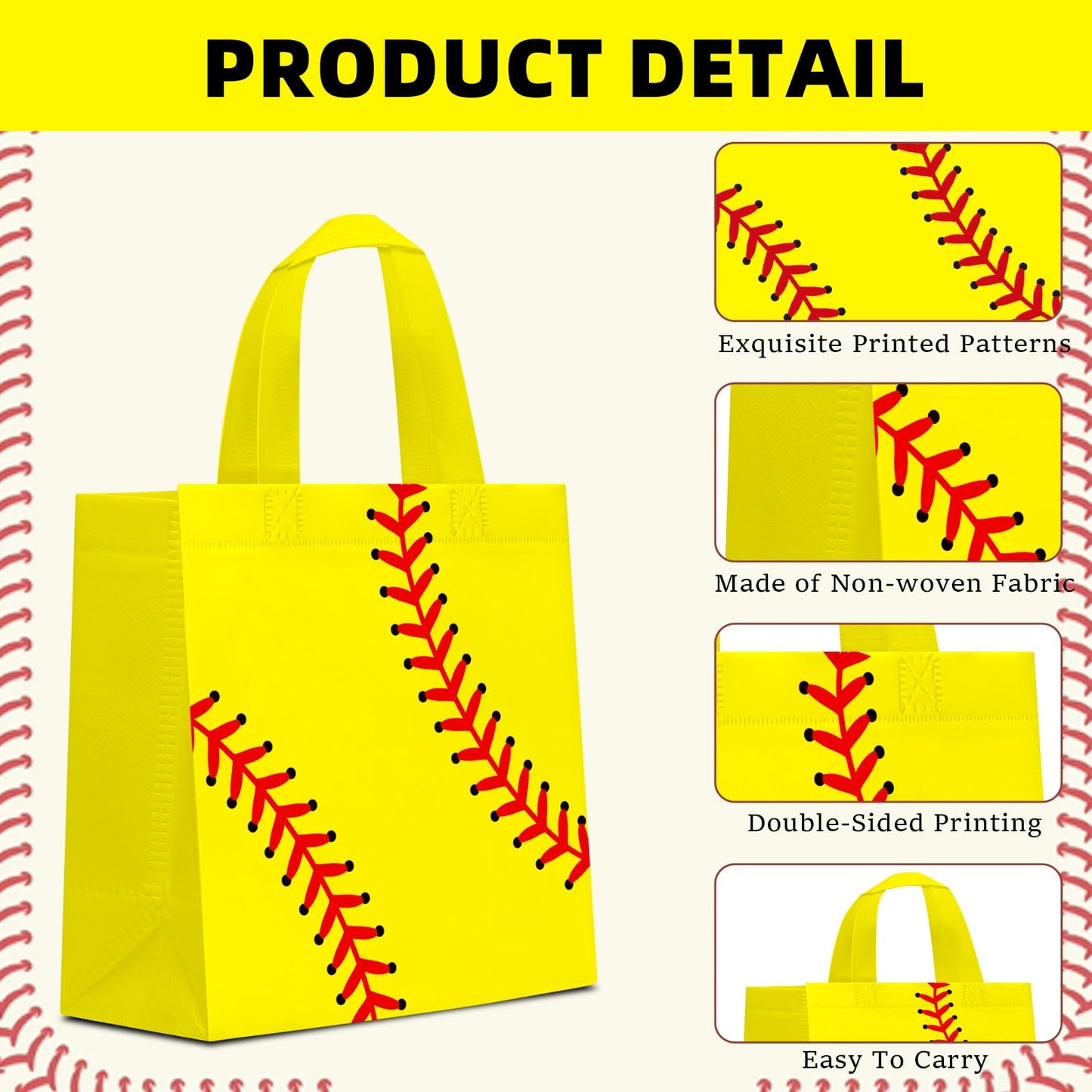 24 PCS Softball Gift Bags Sports Party Favor with Handles Reusable Softball Goodie Snack Favor Bag Non Woven Party Favor Bags for Sports Birthday Supplies