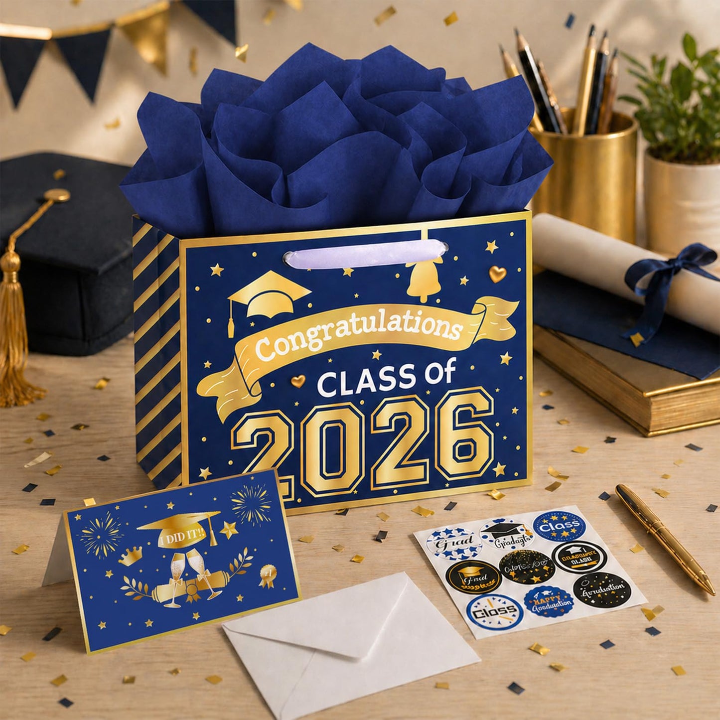 Konsait 13" Large Graduation Gift Bags, Blue Class of 2026 Graduation Bags with Tissue Paper and Greeting Card for Gift Wrapping, Celebrations, Parties & More