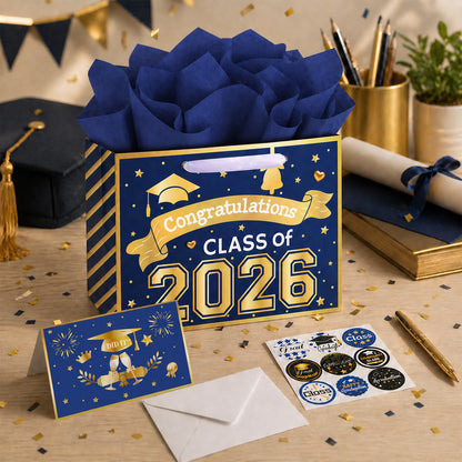 Konsait 13" Large Graduation Gift Bags, Blue Class of 2026 Graduation Bags with Tissue Paper and Greeting Card for Gift Wrapping, Celebrations, Parties & More