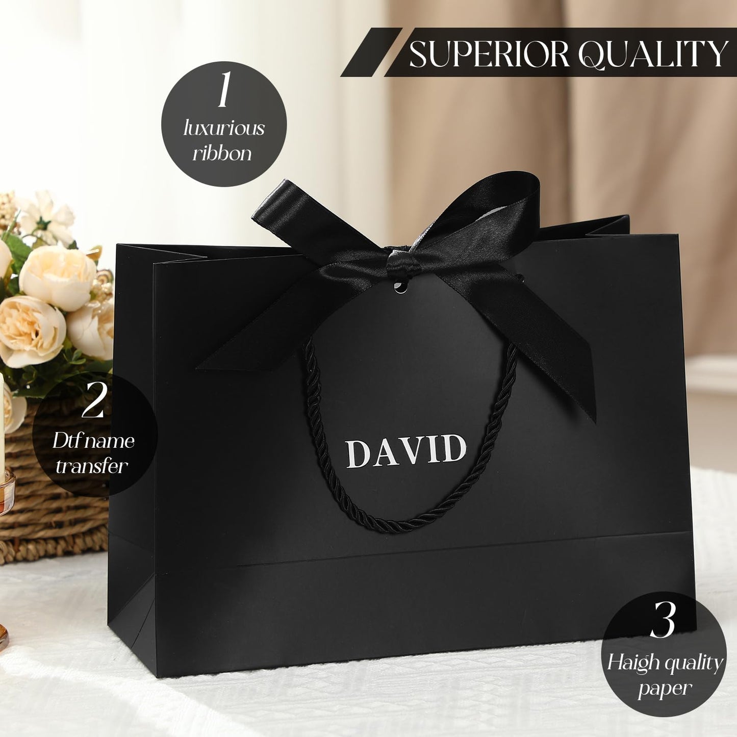 Fullhawl 6 Pack Custom Gift Bags Bulk Personalized Black Groomsmen Gift Bags with Name Logo Stickers Handle Bow Ribbon 5 Senses Welcome Return Gifts for Wedding Proposal Bachelor Birthday Party