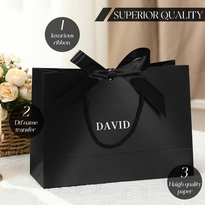 Fullhawl 6 Pack Custom Gift Bags Bulk Personalized Black Groomsmen Gift Bags with Name Logo Stickers Handle Bow Ribbon 5 Senses Welcome Return Gifts for Wedding Proposal Bachelor Birthday Party