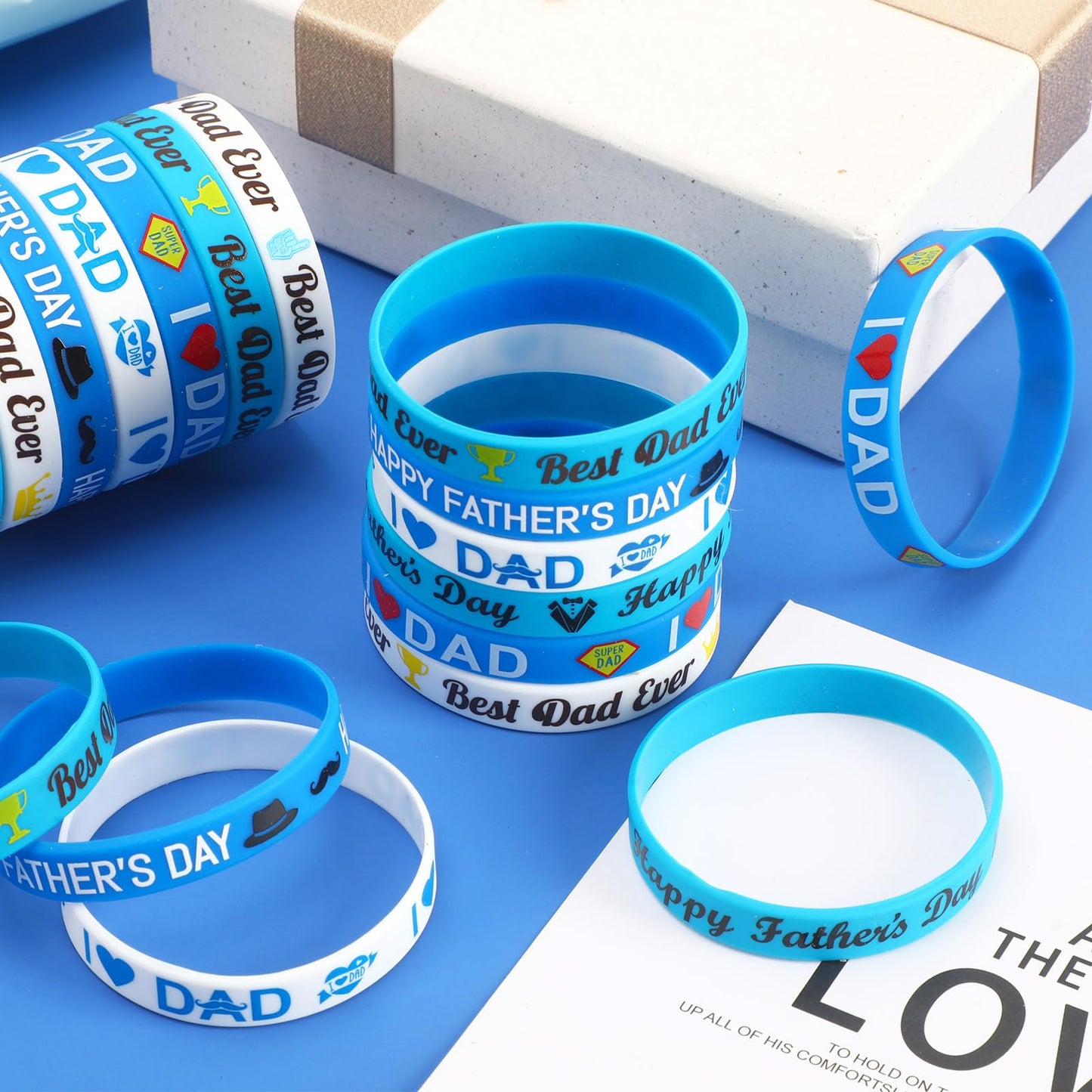 JUNEBRUSHS 42pcs Father's Day Silicone Wristbands Party Favors Rubber Bracelets for Happy Father's Day Dad’s Birthday Themed Party Supplies Goodie Bag Stuffers Fillers