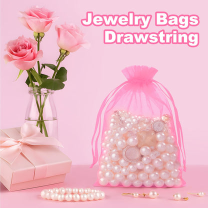 Crweety 50 Pcs Pink Organza Bags 6x9 Inch, Premium Mesh Gift Bags for Wedding Baby Shower Party Favors, Small Mesh Bags Drawtring for Candy Jewelry Christmas, Cute Sachet Bags for Mothers Day Gifts