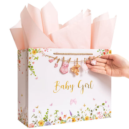 Crisky 13" Large Baby Shower Gift Bag with Tissue Paper, Gift Card and Bow for Baby Shower Decorations for Girl Kids Birthday Gifts(Features a Babysuit Banner and Pink Bow)