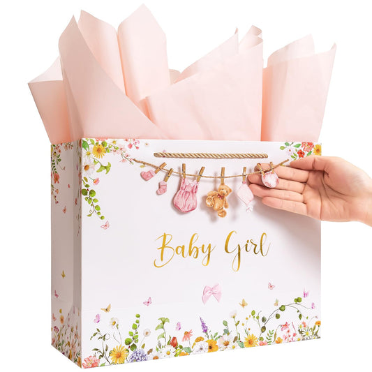 Crisky 13" Large Baby Shower Gift Bag with Tissue Paper, Gift Card and Bow for Baby Shower Decorations for Girl Kids Birthday Gifts(Features a Babysuit Banner and Pink Bow)