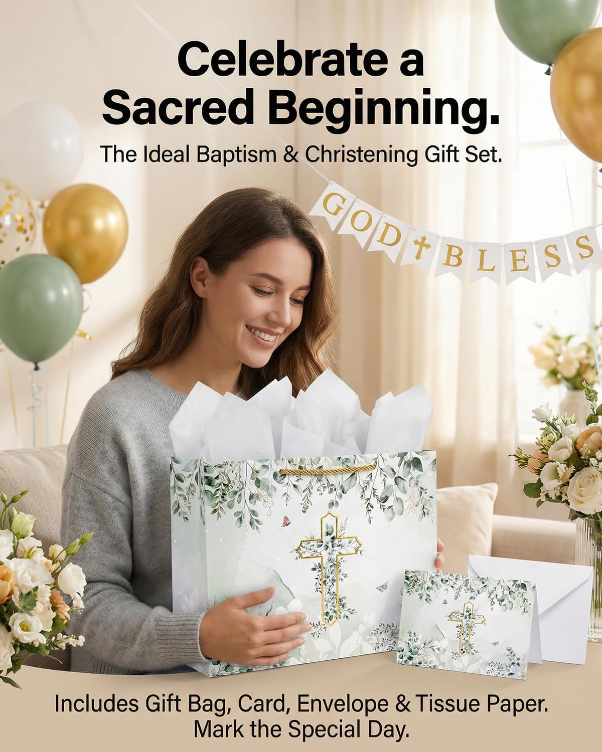 GFInYHM Baptism Gift Bag with Card and Tissue Paper, 13" Gold Foil Cross Eucalyptus Leaves Religious Gift Bags Set for First Communion, Christening, Baby Shower, Wedding, Easter, Confirmation
