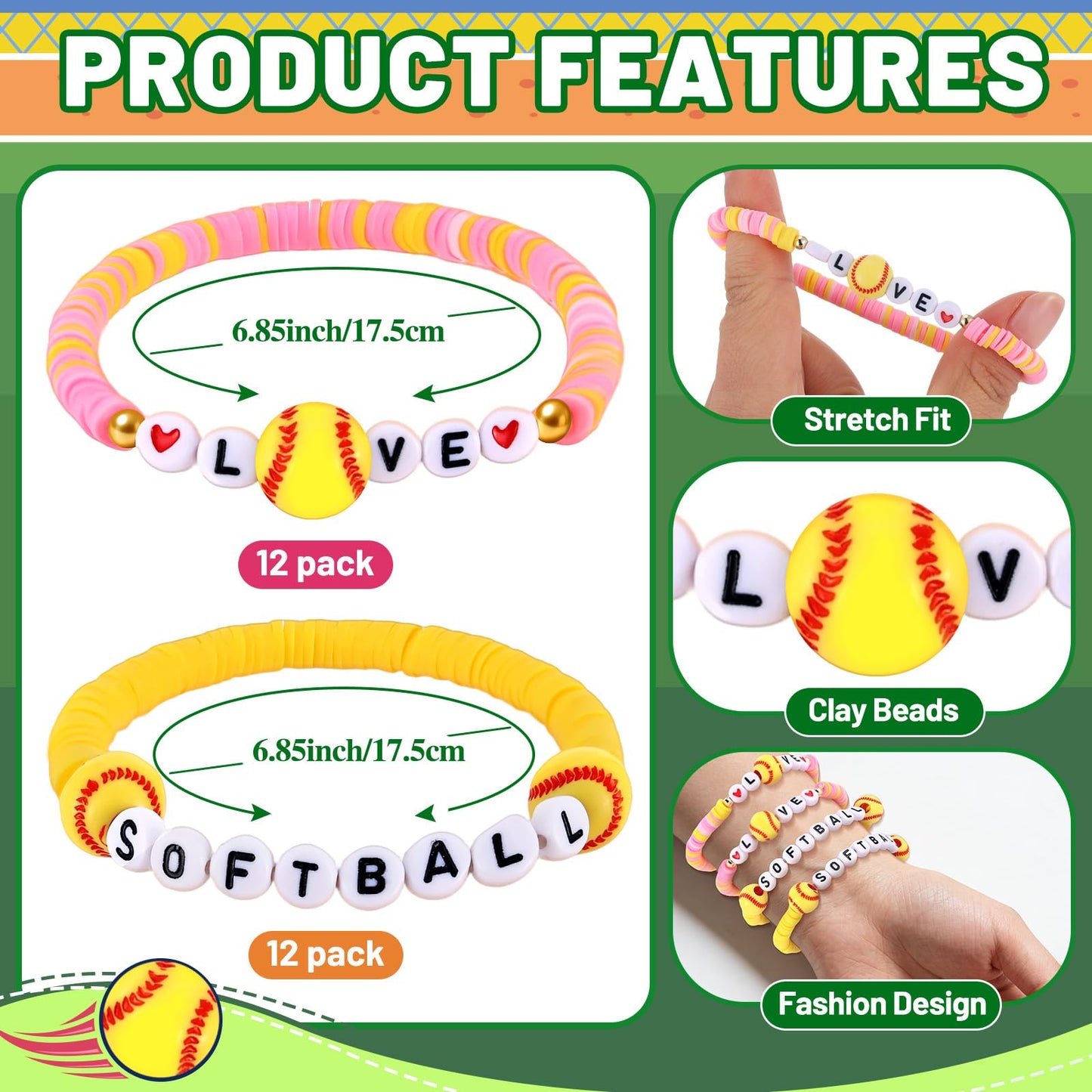 24 Pcs Soccer Bracelets Team Gifts Bulk, Novelty Stretch Letter Clay Beaded World Cup Soccer Gift Jewelry Sports Charm Bracelets for Girls Women Player Coach Party Favors Game Day Accessories