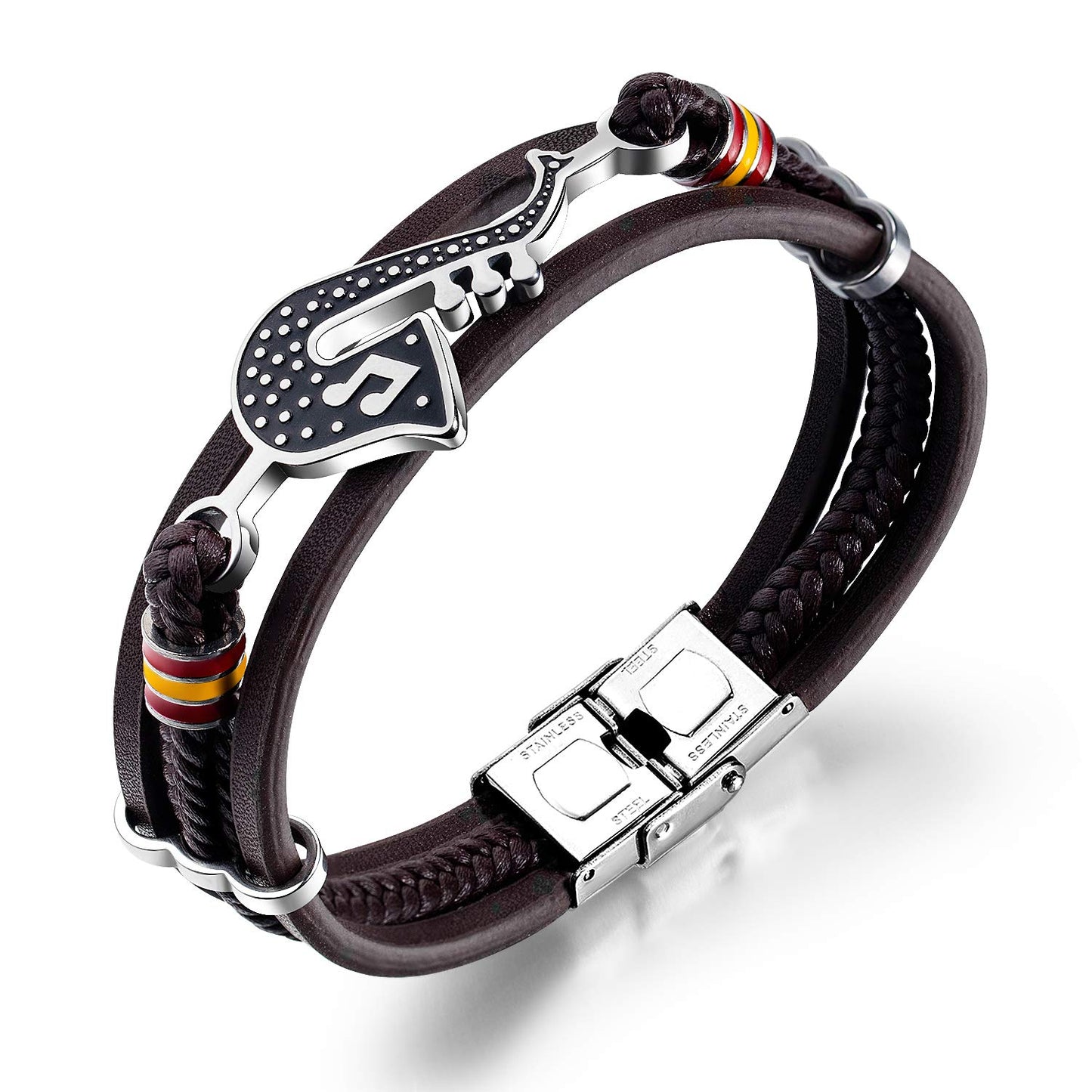 Eymi Mens Multilayer Braided Leather Cuff Bracelet Saxophone Jazz Music Jewelry, 8.3inch Adjustable