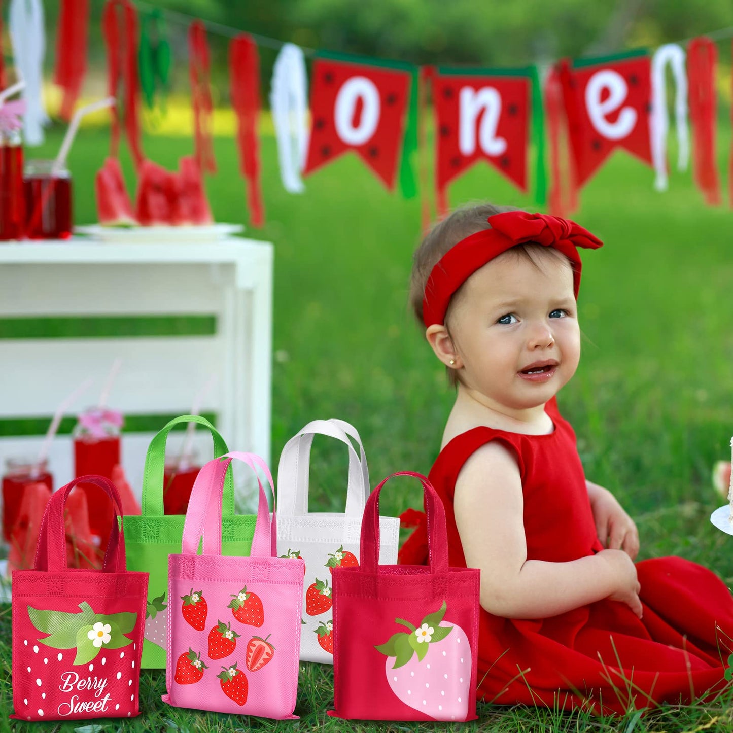 36 Pcs Strawberry Party Favor Bag Strawberry Non Woven Gift Goodie Treat Candy Bag for Baby Shower Berry First Fruit Sweet Wedding