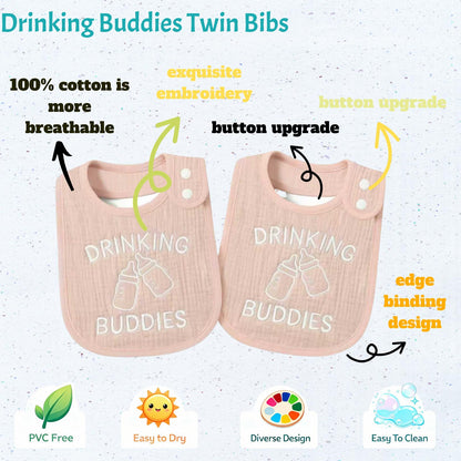 Twin Bibs – Ultra-Soft Cotton Yarn Twin Baby Bibs - 'Drinking Buddies' Design, High Absorbency, Perfect Infant Gift