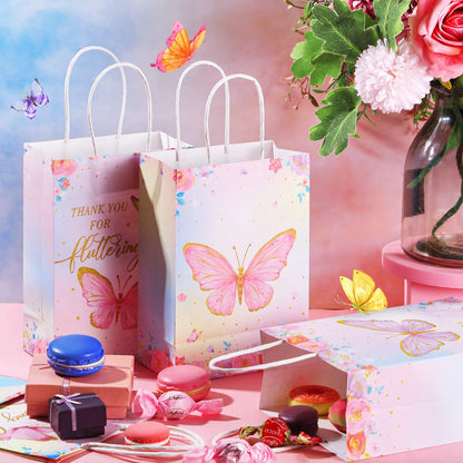 TaoBary 24 Pcs Butterfly Party Favors Gift Goodie Treat Candy Bags Thank You for Fluttering by Paper Bags with Handles for Girls Butterfly Birthday Party Supplies Baby Shower(Watercolor Style)