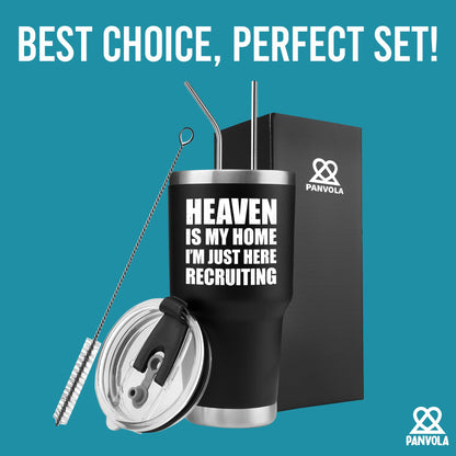 Panvola Heaven Is My Home I'm Just Here Recruiting Funny Christian Gifts for Women Men Pastor Gifts from Churchmate Minister Vacuum Insulated Tumbler with Lid and Straw (Black, 30 Ounces)
