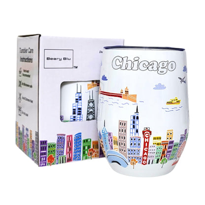 City Themed Artwork 12 Oz Tumbler Series - Designed in the USA - Vacuum Insulated Tumbler with Lids - Stainless Steel Wine Coffee Water Travel Mug, for Hot Cold Drink (Chicago)