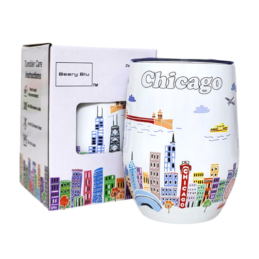 City Themed Artwork 12 Oz Tumbler Series - Designed in the USA - Vacuum Insulated Tumbler with Lids - Stainless Steel Wine Coffee Water Travel Mug, for Hot Cold Drink (Chicago)