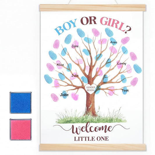 Haull Gender Reveal Fingerprint Tree Canvas Guest Books 11.8 x 15.8 in Gender Reveal Games for Guests, Baby Shower Decorations Gifts Ideas He or She Thumbprint Hanging Paintings Party Favors