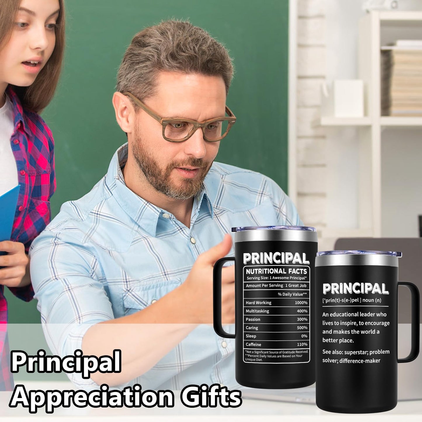 Qtencas Principal Appreciation Gifts for Men, Best Gifts for Principal Day, Principal Nutritional Facts Stainless Steel Coffee Mug, Teacher Appreciation Day(20oz, Black)