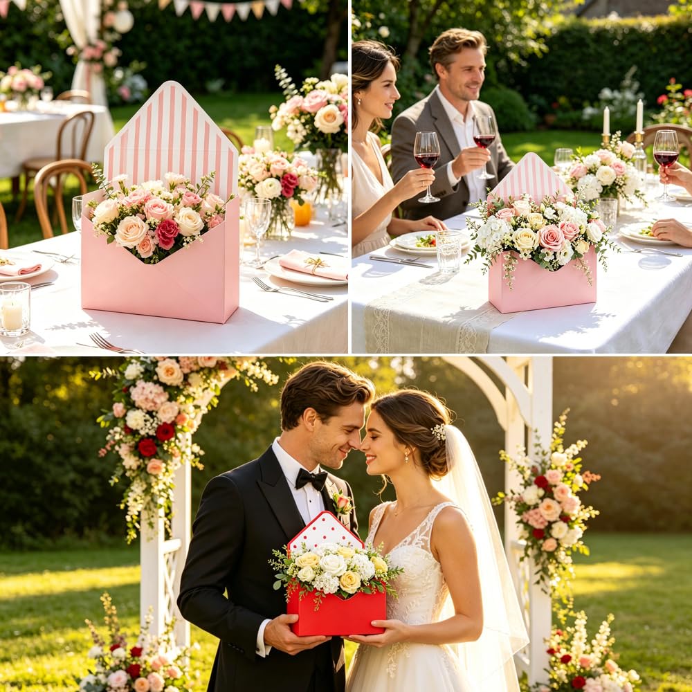 AnMTGDCT 4 PCS Mother's Day Flower Envelope Boxes, Florist Floral Envelope Gift Box Empty Flower Stripe Paper Bouquet Box or Mother's Day Wedding Birthday Valentine Party Arrangements, Pink Red
