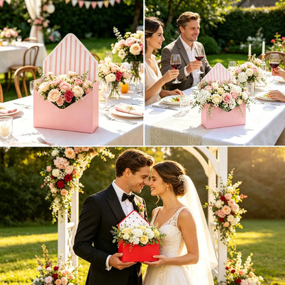 AnMTGDCT 4 PCS Mother's Day Flower Envelope Boxes, Florist Floral Envelope Gift Box Empty Flower Stripe Paper Bouquet Box or Mother's Day Wedding Birthday Valentine Party Arrangements, Pink Red