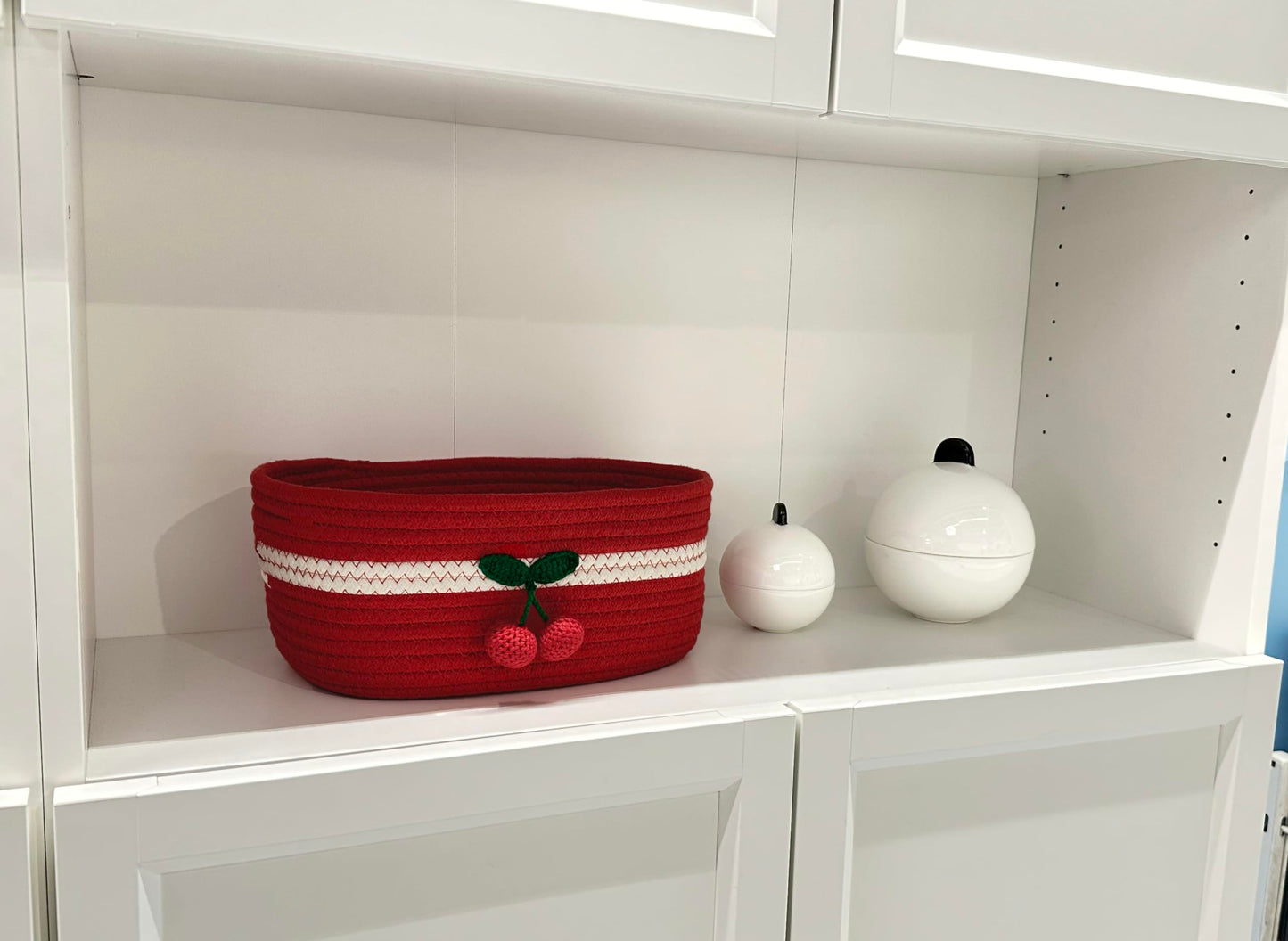 SHIANCE&LI Small Woven Basket Cute Cotton Rope with Handles Gift Oval For Storage Baby Dog Toy Room Basket 12"x 8" x 5" Decorative Basket(Cherry,S)