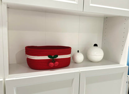SHIANCE&LI Small Woven Basket Cute Cotton Rope with Handles Gift Oval For Storage Baby Dog Toy Room Basket 12"x 8" x 5" Decorative Basket(Cherry,S)