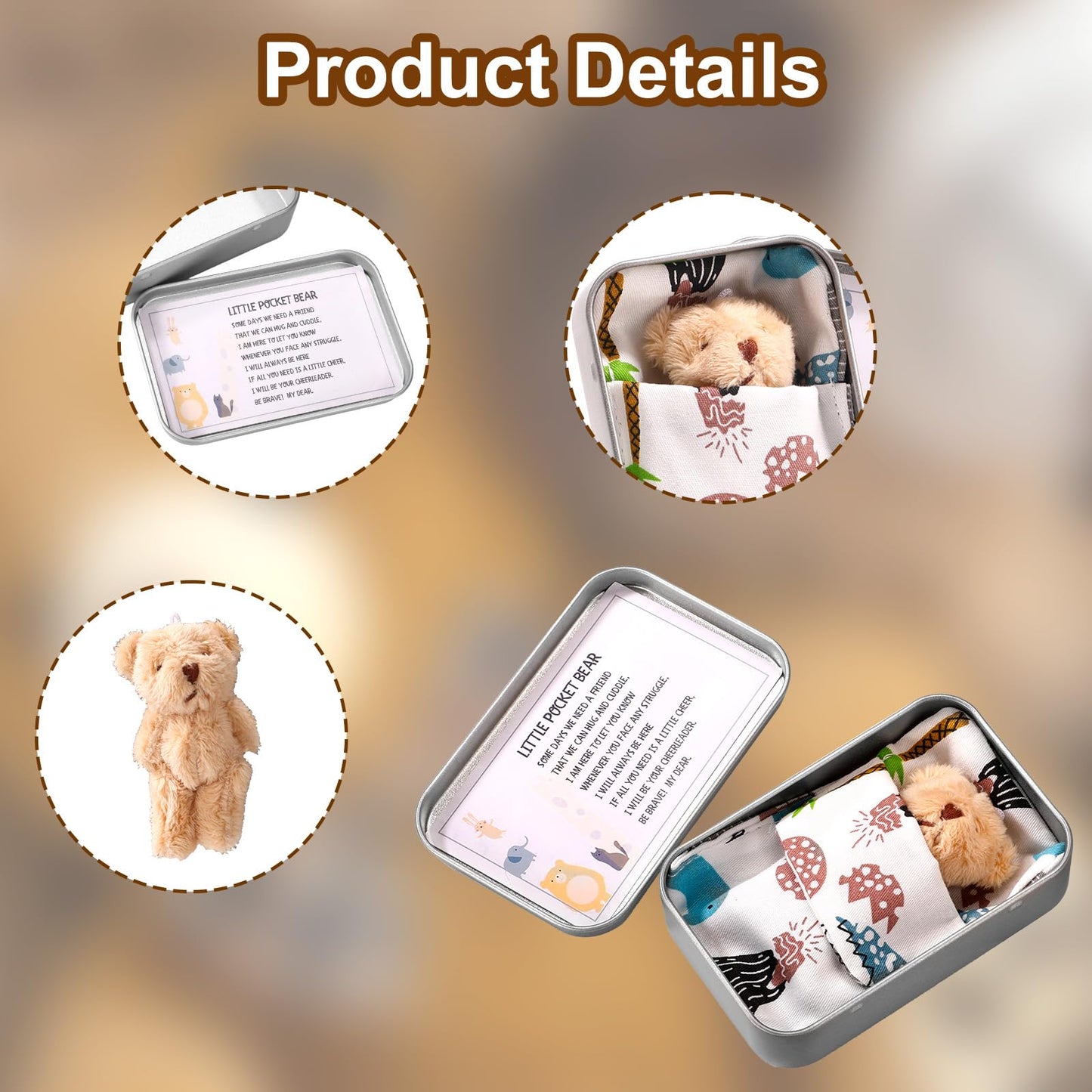 TOYMIS Little Pocket Bear Set, Adorable Mini Plush Bears with Inspirational Card Sleeping Blanket & Iron Box for Friends Encouragement Party Favor (Khaki Bear & Blue Sleeping Blanket)