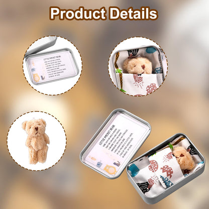 TOYMIS Little Pocket Bear Set, Adorable Mini Plush Bears with Inspirational Card Sleeping Blanket & Iron Box for Friends Encouragement Party Favor (Khaki Bear & Blue Sleeping Blanket)