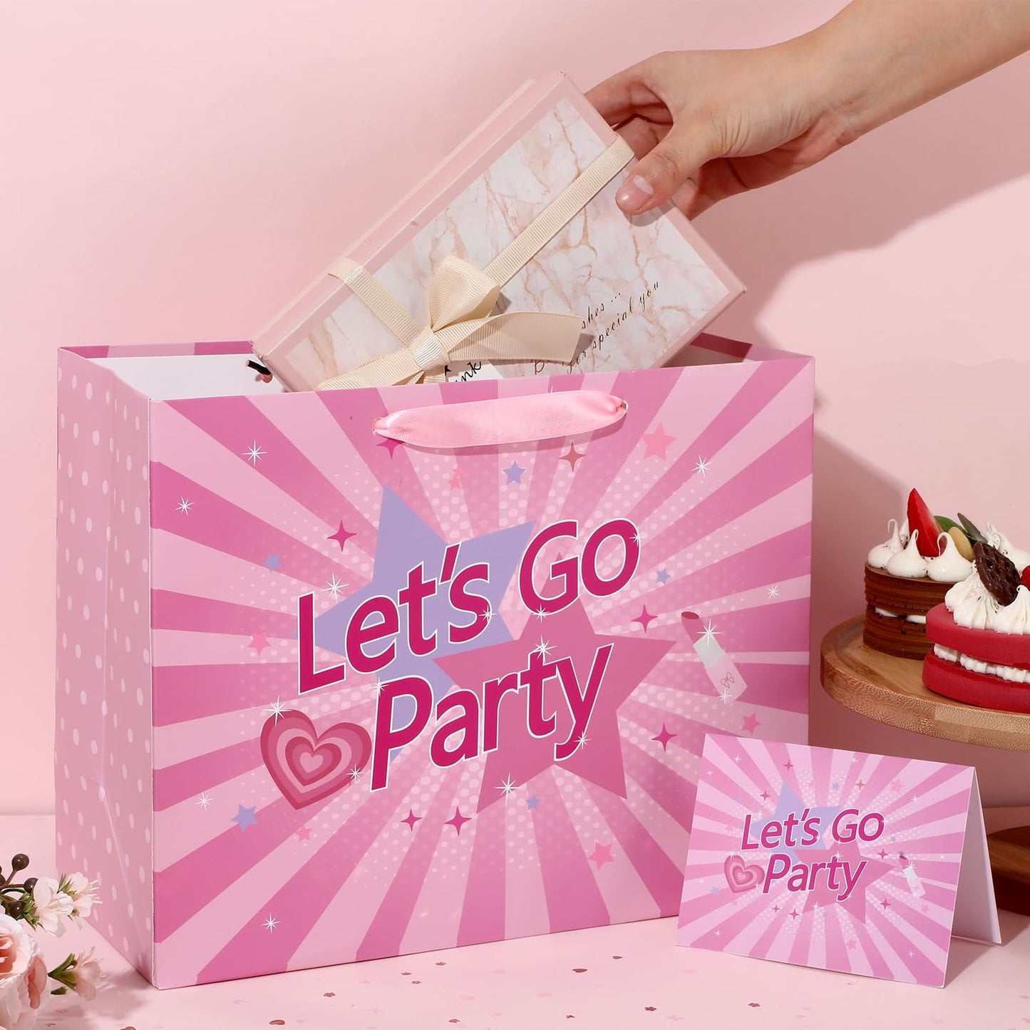 Hot Pink Gift Bag Lets Go Party Supplies Valentines Pink Wrapping Bag with Greeting Card and Tissue Paper Bachelorette Party Decorations for Girls Princess Bridal Shower Birthday Party Supplies