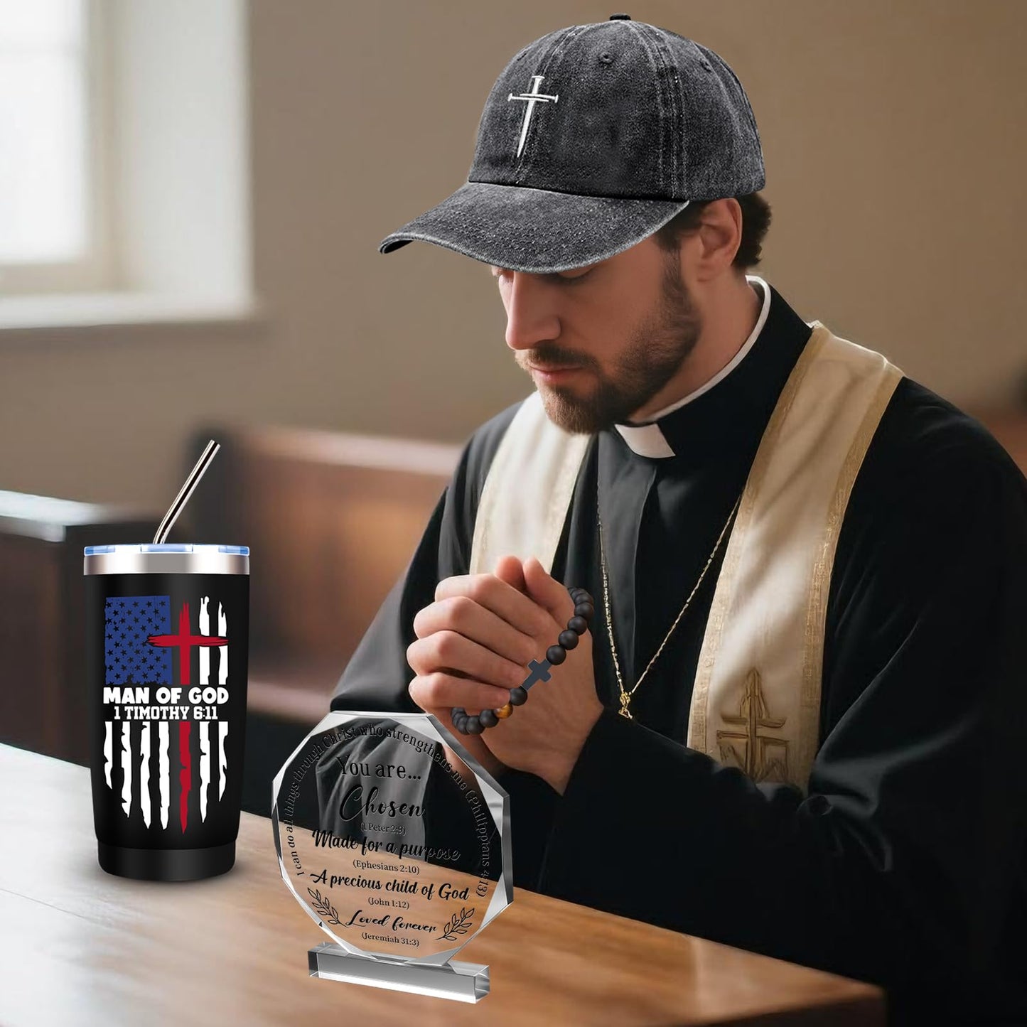 10 Pcs Christian Gifts for Men Faith, Inspirational Religious Gifts, Catholic Gift with 20 Oz Tumbler Bible Verses Crystal Plaque Hat Socks Bracelet Keychain for Husband, Dad, Grandpa, Friends