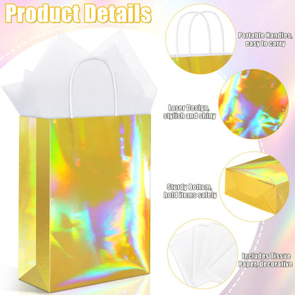 MIMIND 24 Pack Iridescent Paper Gift Bags with Handles Holographic Party Favor Bags with Tissue Paper 8.7 x 6.3 x 3.1 Inch Glitter Gold Foil Goodie Candy Bag for Wedding Baby Shower Birthday Party