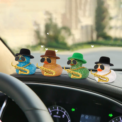 wonuu Car Dashboard Ducks, Saxophone Decor Rubber Duck Car Ornaments with Mini Top Hat Necklace Sunglasses (Light Blue)
