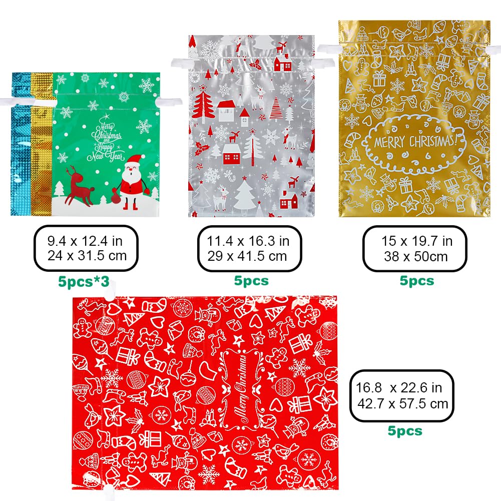 HRX Package 30pcs Foil Drawstring Christmas Gift Bags Assorted Sizes, Holiday Gift Wrapping Sacks Xmas Pouches for Presents