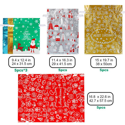 HRX Package 30pcs Foil Drawstring Christmas Gift Bags Assorted Sizes, Holiday Gift Wrapping Sacks Xmas Pouches for Presents