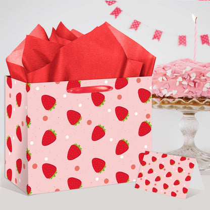 ONANNA Strawberry Gift Bag with Tissue Paper and Greeting Card, Cute Fruit Themed Gifts Wrapping Paper Bag for Birthday Baby Shower Mother's Day Spring Christams Party Favor Decorations Supplies