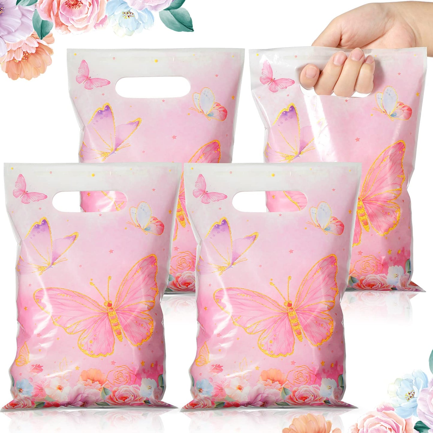 Teling 50 Pcs Butterfly Gift Bags Plastic Small Pink Butterfly Candy Bags Foral Birthday Goodie Bag with Die Cut Handle for Spring Summertheme Party Gift Wrapping Supplies Decor, 7 x 10 Inch