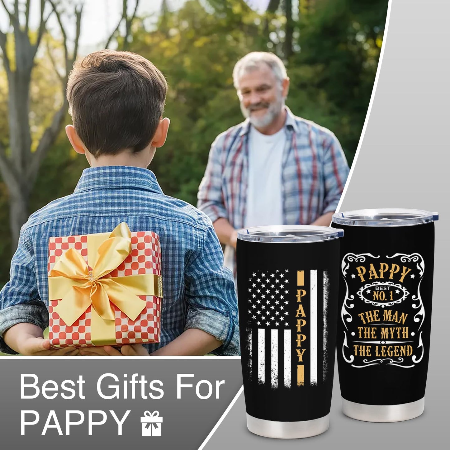 Pappy Gifts - Birthday Gifts for Pappy - Grandpa Gift from Grandchildren - Best Pappy Ever Gift, 20 oz Stainless Steel Tumbler With Lid & Straw
