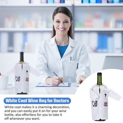 White Coat Wine Bag Doctor Wine Cover Felt Doctor Wines Insulated Cover Nurse Wines Wrapping Bag with Syringe Necklace for Ceremony Gifts Male Female Graduation Birthday Anniversary Nurse Practitioner