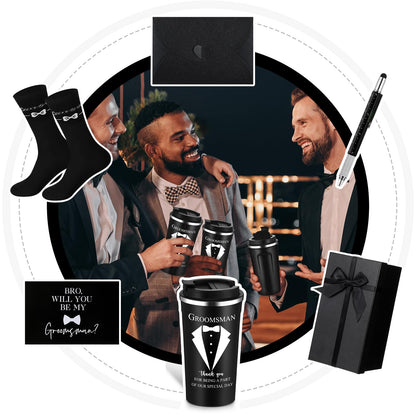 Nuanchu 6 Pcs Groomsmen Officiant Gifts Wedding Proposal Gift for Best Man Groomsman 17 Oz Coffee Cup Tumbler Socks Multi Tool Ballpoint Pen with Greeting Card Envelope(Black)