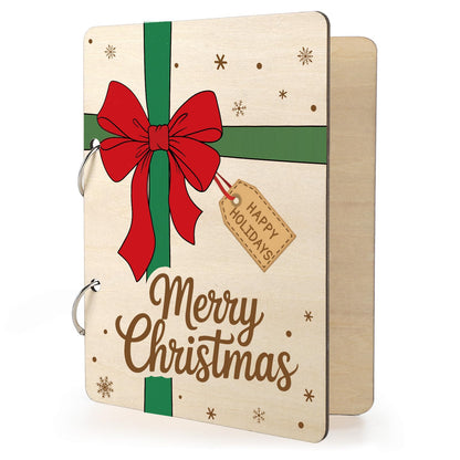 Wooden Christmas Card Keeper Binder Merry Christmas Greeting Card Holder with Rings Xmas Holiday Post Cards Organizer Wood Memories Book for Storage Keepsake Album Photo Notes Gift Winter Past Notes