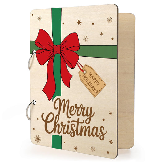 Wooden Christmas Card Keeper Binder Merry Christmas Greeting Card Holder with Rings Xmas Holiday Post Cards Organizer Wood Memories Book for Storage Keepsake Album Photo Notes Gift Winter Past Notes