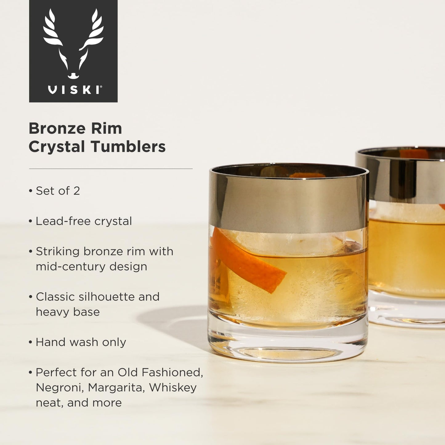 Viski Irving Bronze Rim Crystal Lowball Tumblers Set of 2 - Premium Crystal Clear Cocktail Glass Bronze Rimmed Glassware, Stylish Lowball Whiskey Glass Gift Set, 12 oz