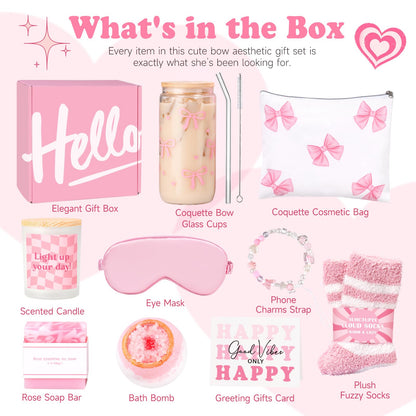 Gift Baskets for Women, 9pcs Birthday Gifts for Teenage Girls, Best Christmas Ideas Box w/Coquette Bow Aesthetic Cup Trendy Stuff for Her Teen Girl Sister Friend Friendship Sweet 16th 18th 21st Bday