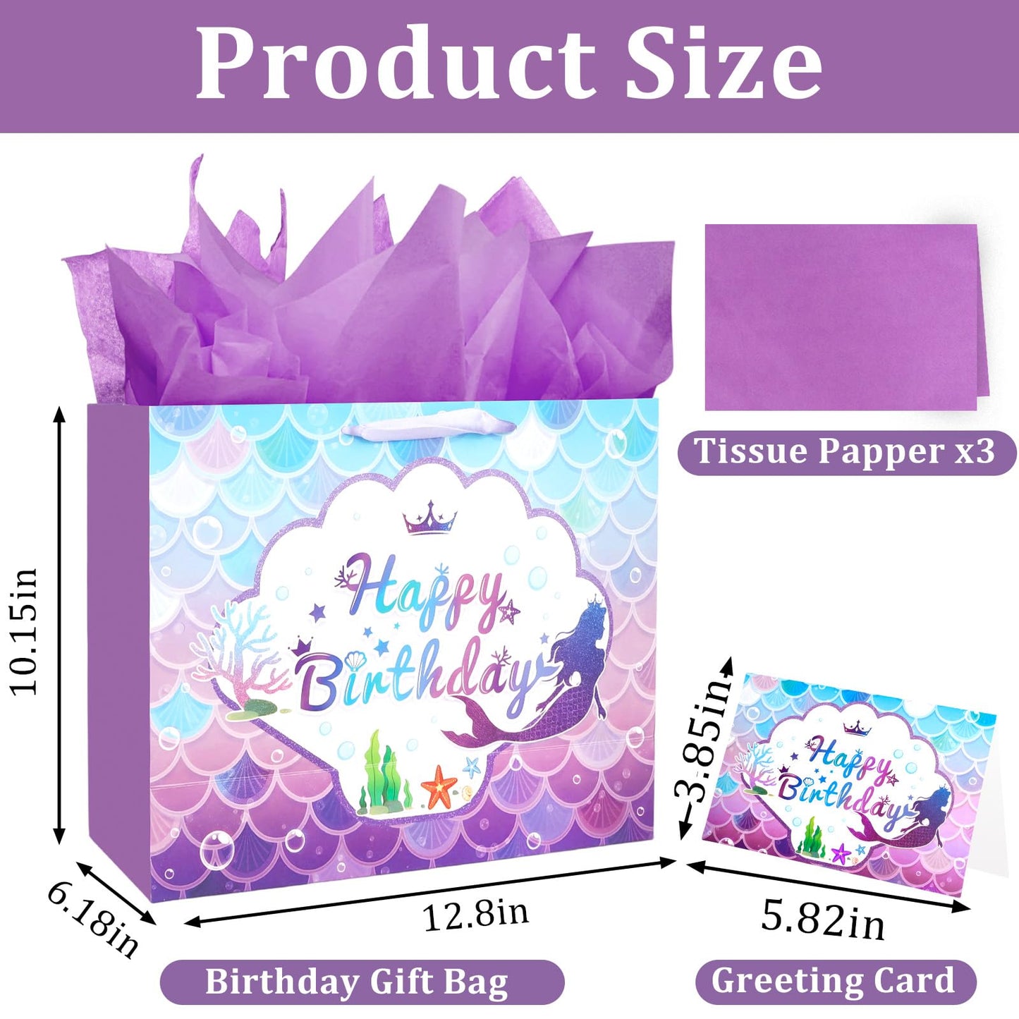 CIEHER Birthday Gift Bags for Girls with Mermaid Greeting Card and Purple Tissue Papers for Birthday Gifts - Mermaid Pattern