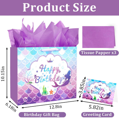 CIEHER Birthday Gift Bags for Girls with Mermaid Greeting Card and Purple Tissue Papers for Birthday Gifts - Mermaid Pattern