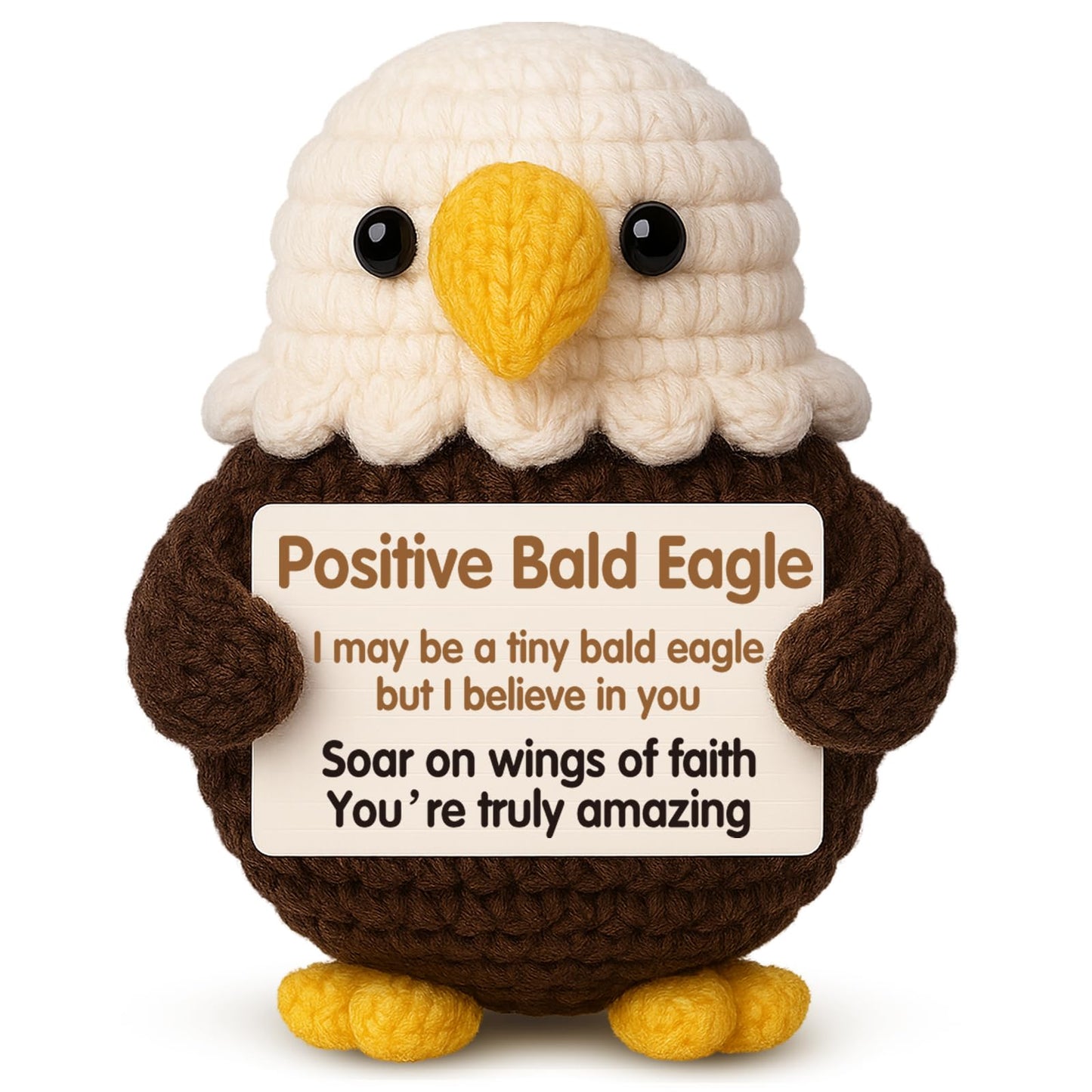 Positive Bald Eagle with Inspirational Card - Handmade Crochet Animals Gifts for Friends, Dad, Son - Birthday Encouragement Decor - Eagle Scout Gift for Boy - Graduation Gift for Him Her