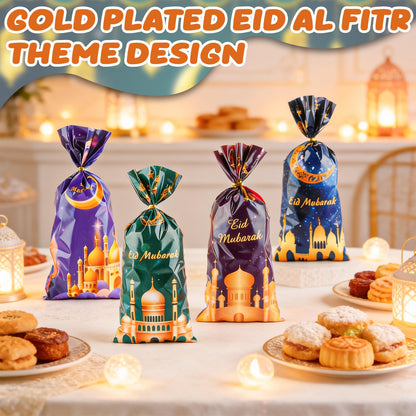 LERCTH 50 PCS Ramadan Eid Mubarak Gift Bags with Gold Twist Ties - 4.9x10.7 Inch Metallic Foil Treat Bags, Moon Star Design Party Favor Bags for Islamic Holiday Celebrations