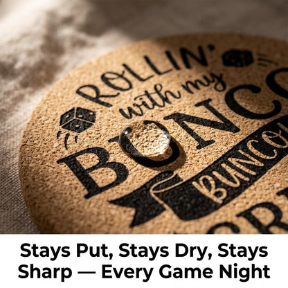 Bunco Coasters Set of 6 with Holder, Funny Bunco Game Cork Drink Coasters for Bunco Night Party, Bunco Gifts Table Decor for Game Players