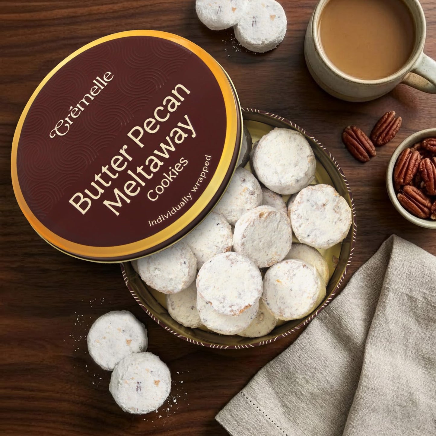 Cremelle Butter Pecan Meltaway Cookies, Pack of 18 Butter Pecan Cookies, Thoughtful Food Gifts for Adults, Ultimate Cookie Gifts for Mothers Day and Family Celebrations, Individually Wrapped.