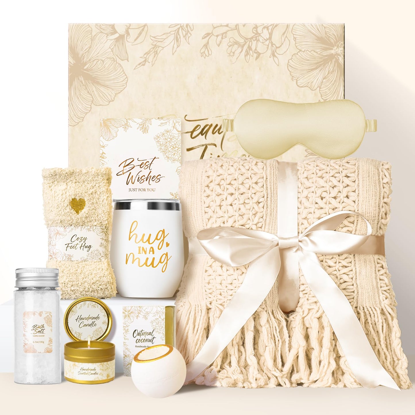 Mothers Day Gifts for Mom Women, Self Care Gift Basket with Knitted Fringe Throw Blanket - Get Well Soon Birthday Care Package for Wife Grandma Her Friend Sister